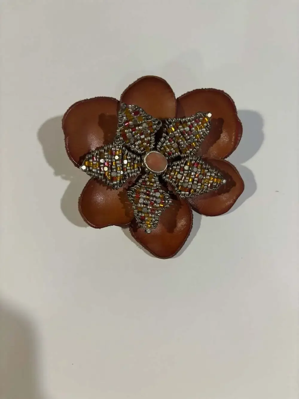 Vintage Brown Leather Beaded Flower Brooch Pin with Stone Center